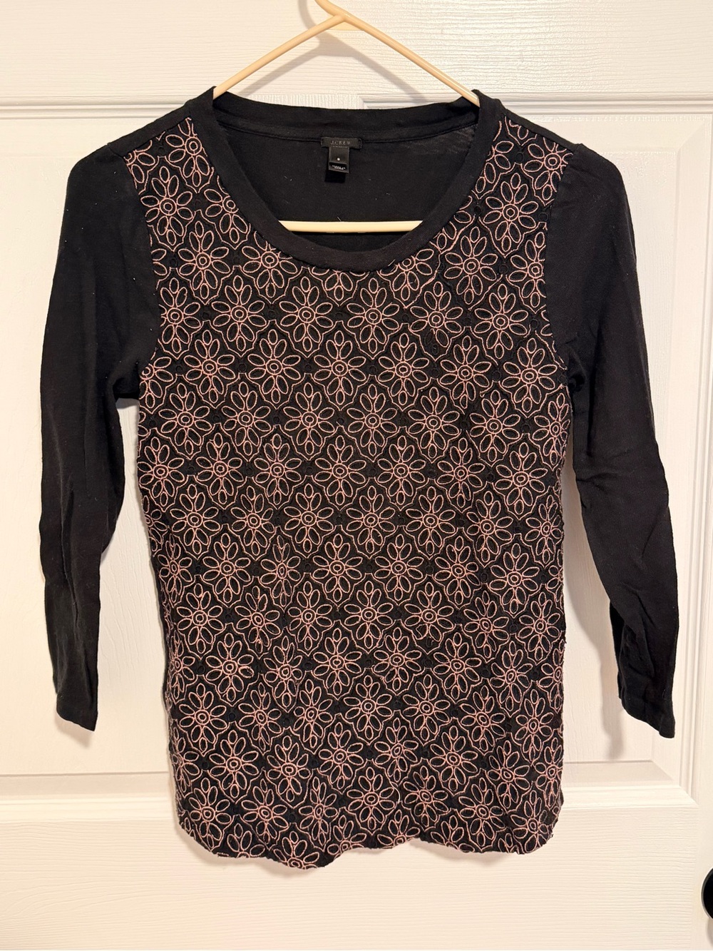J. Crew Black Long Sleeve Top with Pink Geometric Floral Print